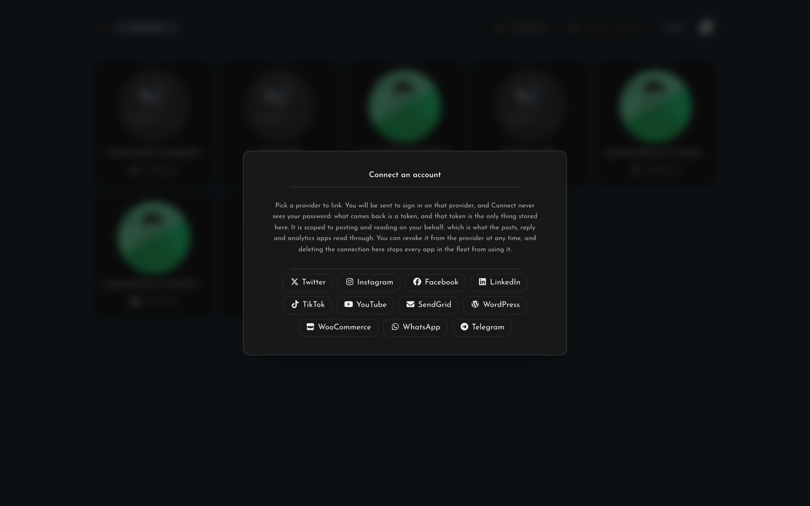 The Connect console, choosing a provider to link an account