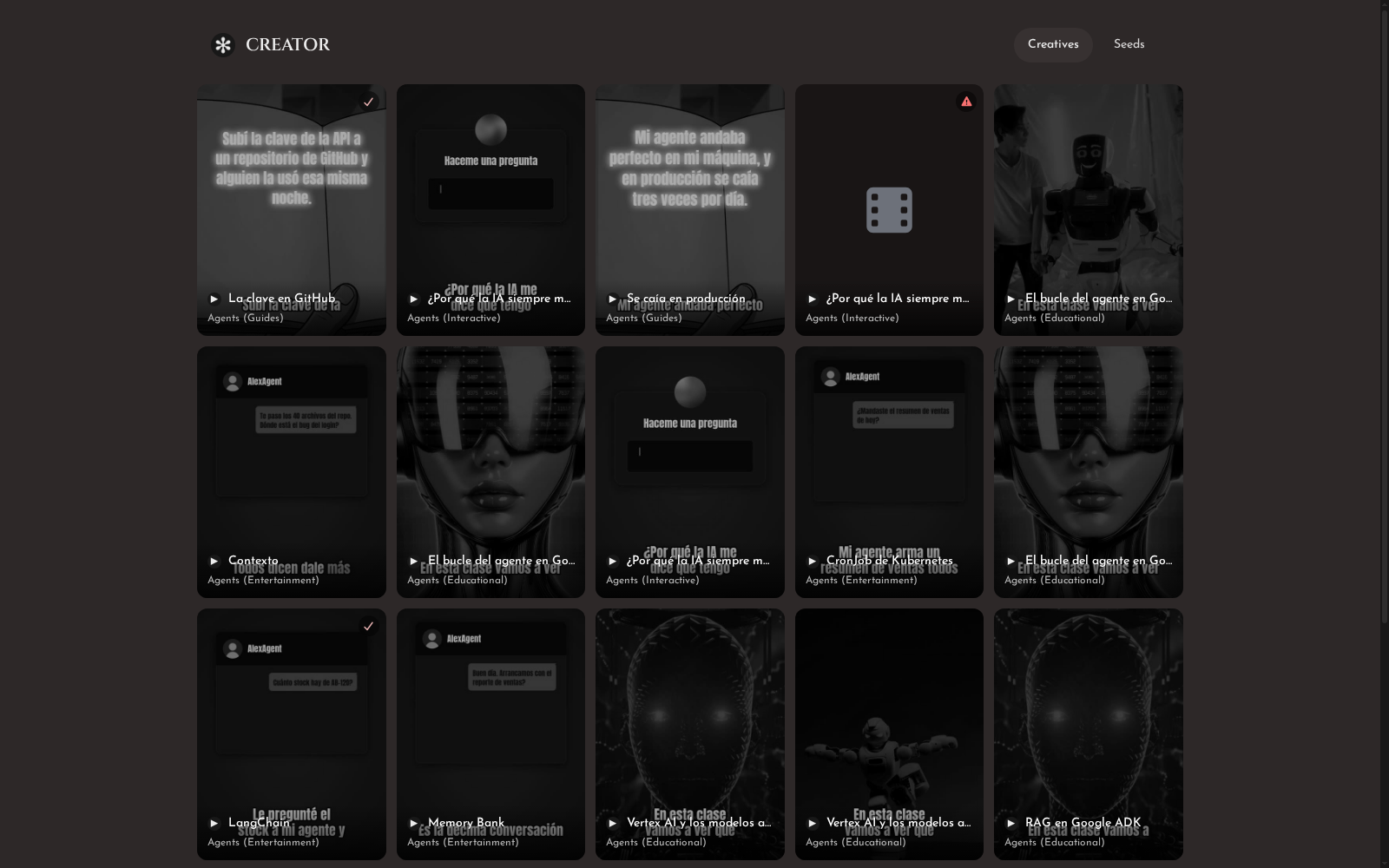 The Creator console: the brand's creatives, each a script rendered for one queue